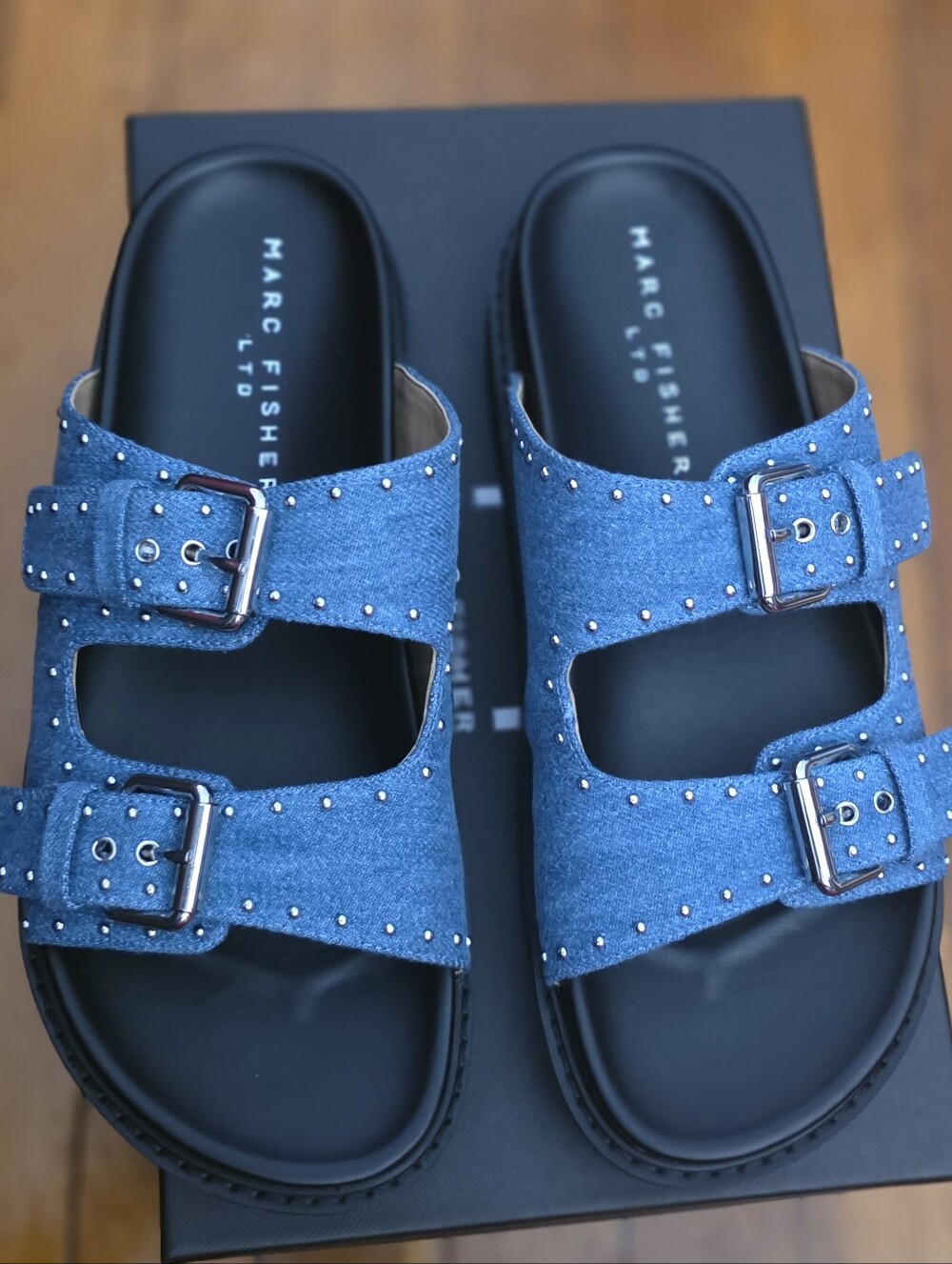 Marc Fisher Blue Studded Double-Buckle Sandals